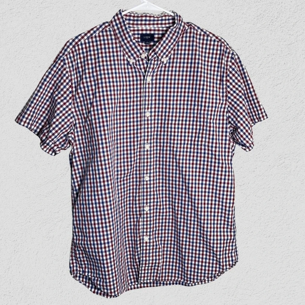 J Crew‎ Plaid Shirt Men XL Button Down Short Sleeve Preppy July 4 Americana